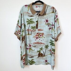 Vintage Hilo Hattie Men's Hawaiian Polo Shirt 2XL Blue Tan Tropical